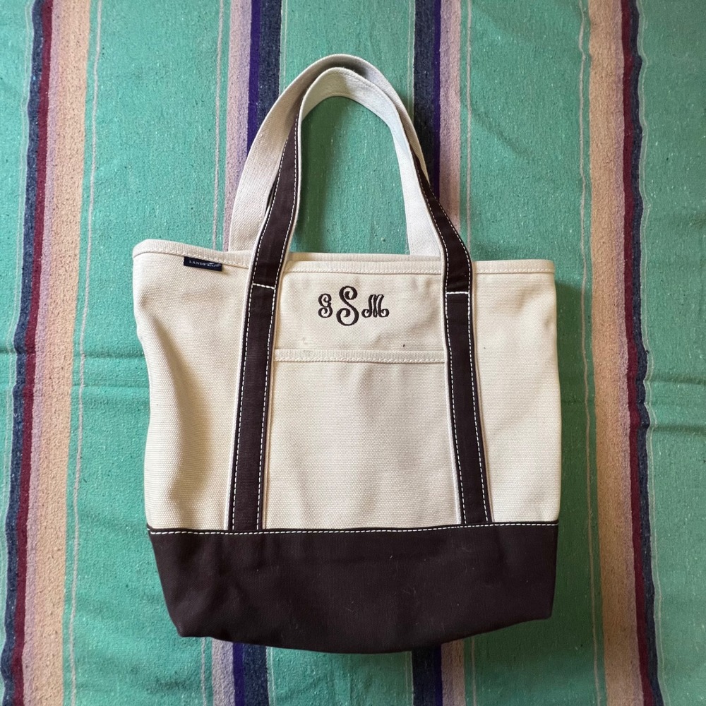 Lands End Tote Bag Unisex Large Cream Brown Monogram SSM Canvas Boat Bag